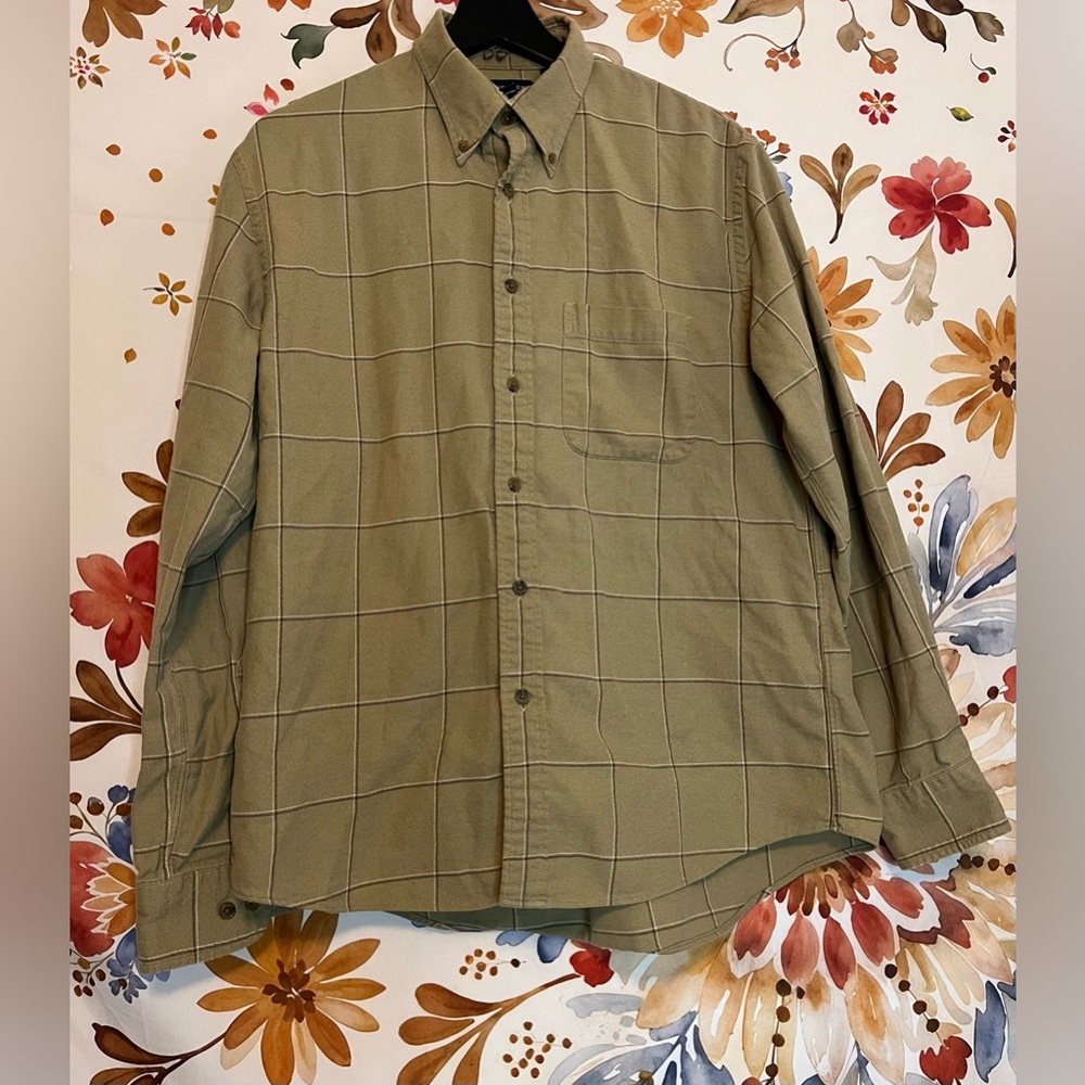 Lands End Mens M 15/15.5 Caramel Tan White Grid Long Sleeve Plaid Shirt Flannel
